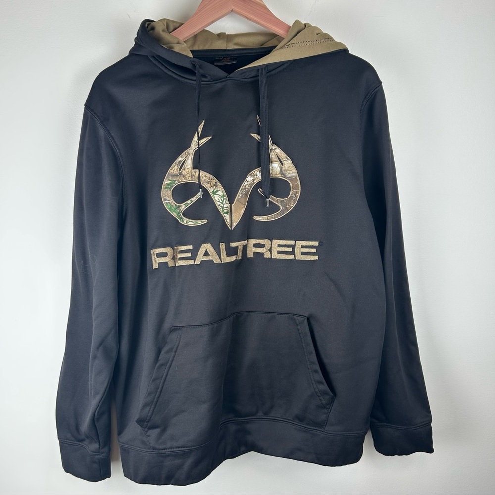 Realtree Men’s Black Pullover Hoodie with Camo Antler Logo sz L Hunting Outdoors